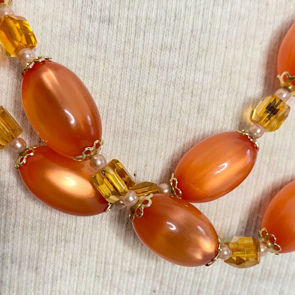 Orange Gold Necklace Glsss Oval And Small Faceted Clear Beads Magnetic Clasp - Picture 4 of 11